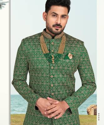 Green colour full computer amrodery sherwani set with thred and stone work with handwork botton, collar 2