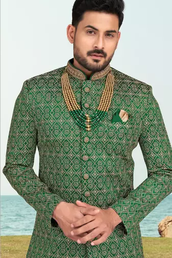 Green colour full computer amrodery sherwani set with thred and stone work with handwork botton, collar