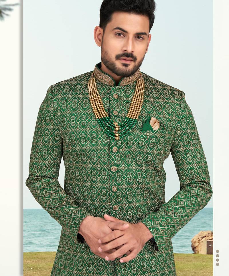 Green colour full computer amrodery sherwani set with thred and stone work with handwork botton, collar