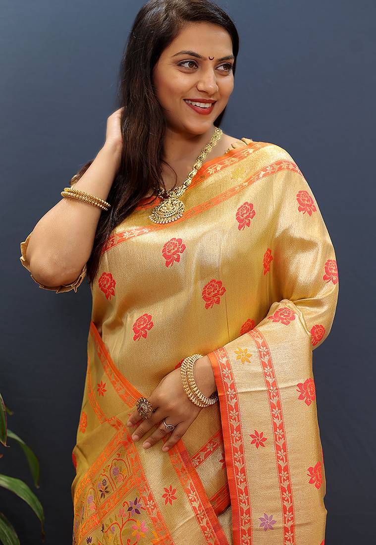 Beige gold silk blend saree with orange floral zari weaving & rich brocade pallu