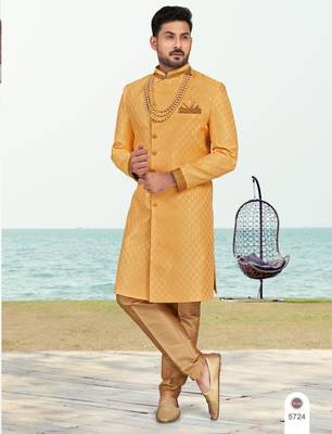 Yellow colour full computer amrodery two pice sherwani set with thred  work with fancy botton 1