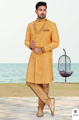 Yellow colour full computer amrodery two pice sherwani set with thred  work with fancy botton