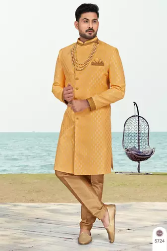 Yellow colour full computer amrodery two pice sherwani set with thred  work with fancy botton
