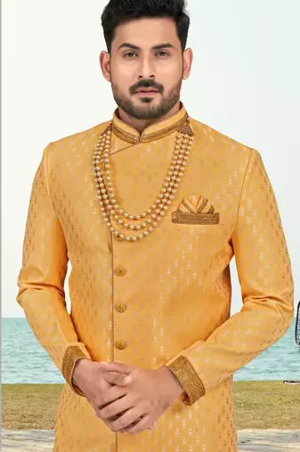 Yellow colour full computer amrodery two pice sherwani set with thred  work with fancy botton