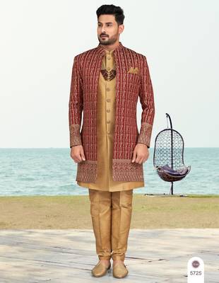 Maroon & beige colour full computer amrodery two pice sherwani set with thred  work with fancy botton 1
