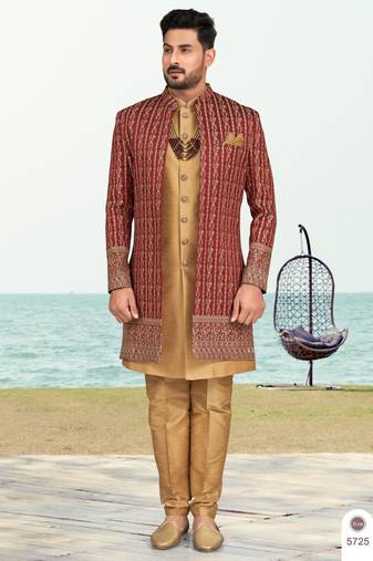 Maroon & beige colour full computer amrodery two pice sherwani set with thred  work with fancy botton