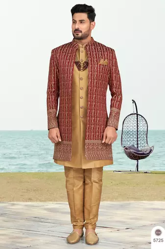 Maroon & beige colour full computer amrodery two pice sherwani set with thred  work with fancy botton