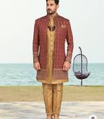 Maroon & beige colour full computer amrodery two pice sherwani set with thred  work with fancy botton