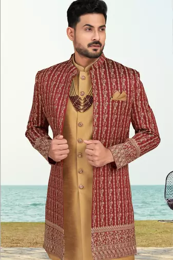 Maroon & beige colour full computer amrodery two pice sherwani set with thred  work with fancy botton