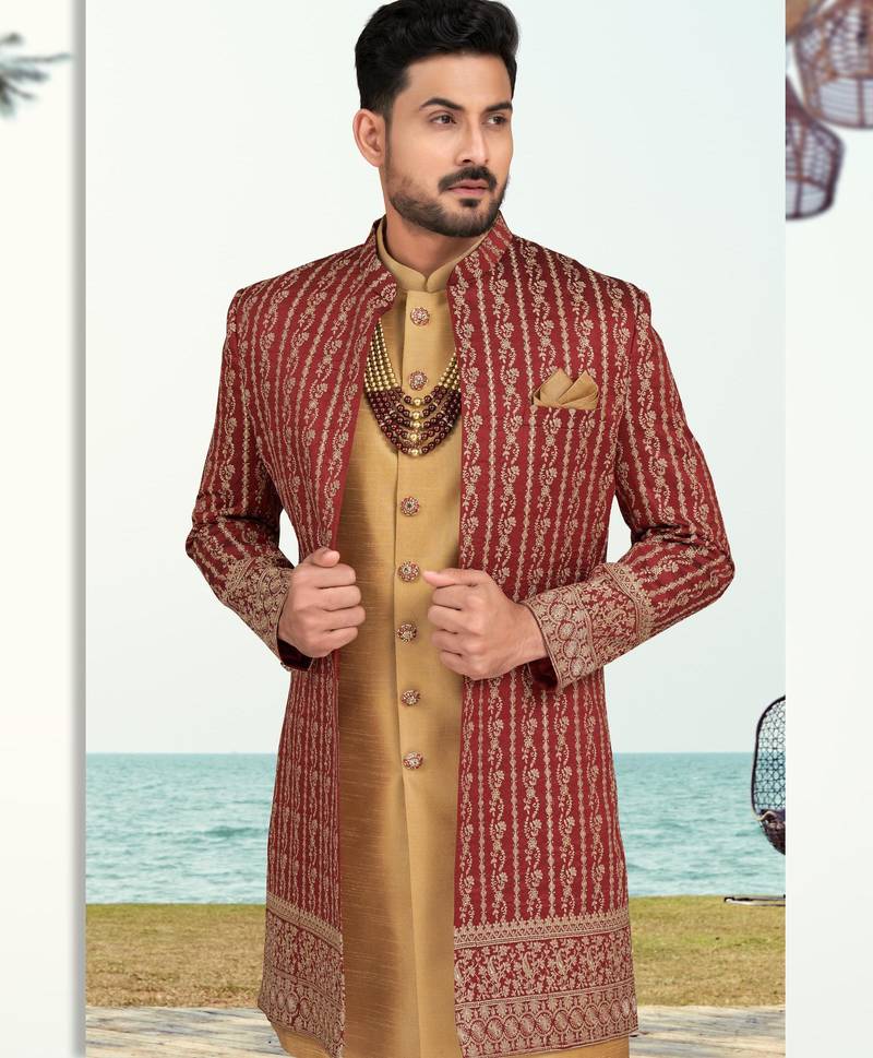 Maroon & beige colour full computer amrodery two pice sherwani set with thred  work with fancy botton