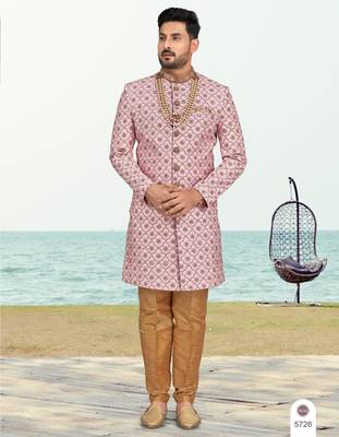 Purple pink colour full computer amrodery sherwani set with thred and stone work with handwork botton, collar 1