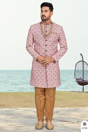 Purple pink colour full computer amrodery sherwani set with thred and stone work with handwork botton, collar