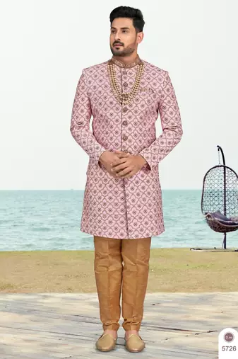 Purple pink colour full computer amrodery sherwani set with thred and stone work with handwork botton, collar