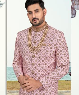 Purple pink colour full computer amrodery sherwani set with thred and stone work with handwork botton, collar 2