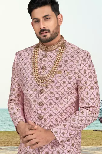 Purple pink colour full computer amrodery sherwani set with thred and stone work with handwork botton, collar