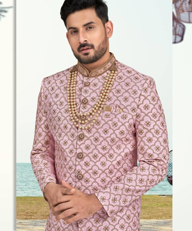 Purple pink colour full computer amrodery sherwani set with thred and stone work with handwork botton, collar