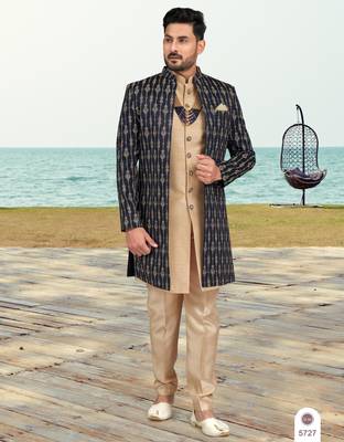 Nevy blue & beige colour full computer amrodery two pice sherwani set with thred  work with fancy botton 1