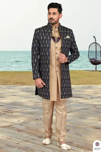 Nevy blue & beige colour full computer amrodery two pice sherwani set with thred  work with fancy botton
