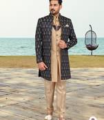 Nevy blue & beige colour full computer amrodery two pice sherwani set with thred  work with fancy botton