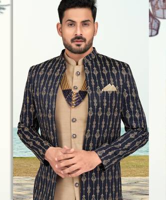 Nevy blue & beige colour full computer amrodery two pice sherwani set with thred  work with fancy botton 2