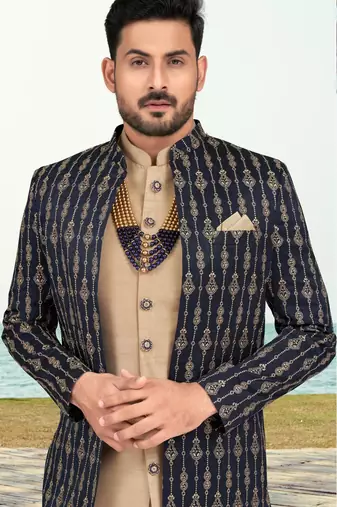 Nevy blue & beige colour full computer amrodery two pice sherwani set with thred  work with fancy botton