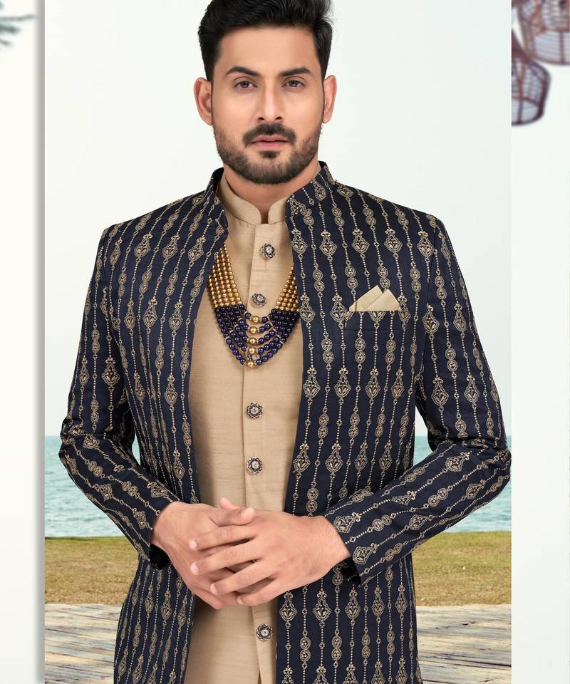 Nevy blue & beige colour full computer amrodery two pice sherwani set with thred  work with fancy botton