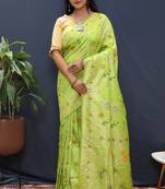 Parrot green banarasi silk blend saree with zari floral weaving