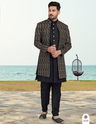 Black colour full computer amrodery two pice sherwani set with thred  work with fancy botton 1
