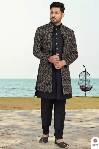 Black colour full computer amrodery two pice sherwani set with thred  work with fancy botton