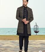Black colour full computer amrodery two pice sherwani set with thred  work with fancy botton