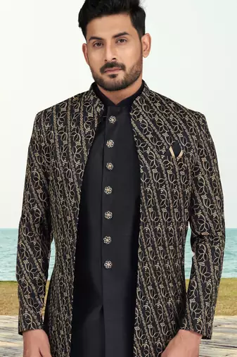 Black colour full computer amrodery two pice sherwani set with thred  work with fancy botton