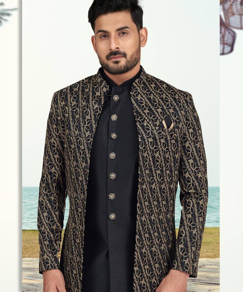 Black colour full computer amrodery two pice sherwani set with thred  work with fancy botton