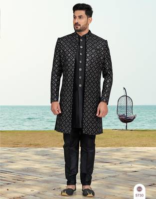 Black colour full computer amrodery two pice sherwani set with thred  work with fancy botton 1