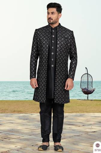 Black colour full computer amrodery two pice sherwani set with thred  work with fancy botton