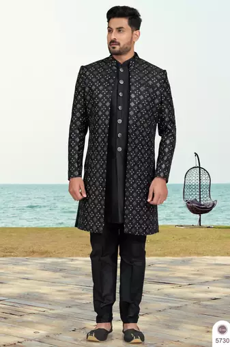 Black colour full computer amrodery two pice sherwani set with thred  work with fancy botton