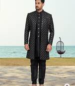 Black colour full computer amrodery two pice sherwani set with thred  work with fancy botton