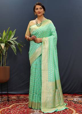 Sea green banarasi silk blend saree with zari buti & rich woven border 1