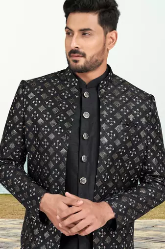 Black colour full computer amrodery two pice sherwani set with thred  work with fancy botton