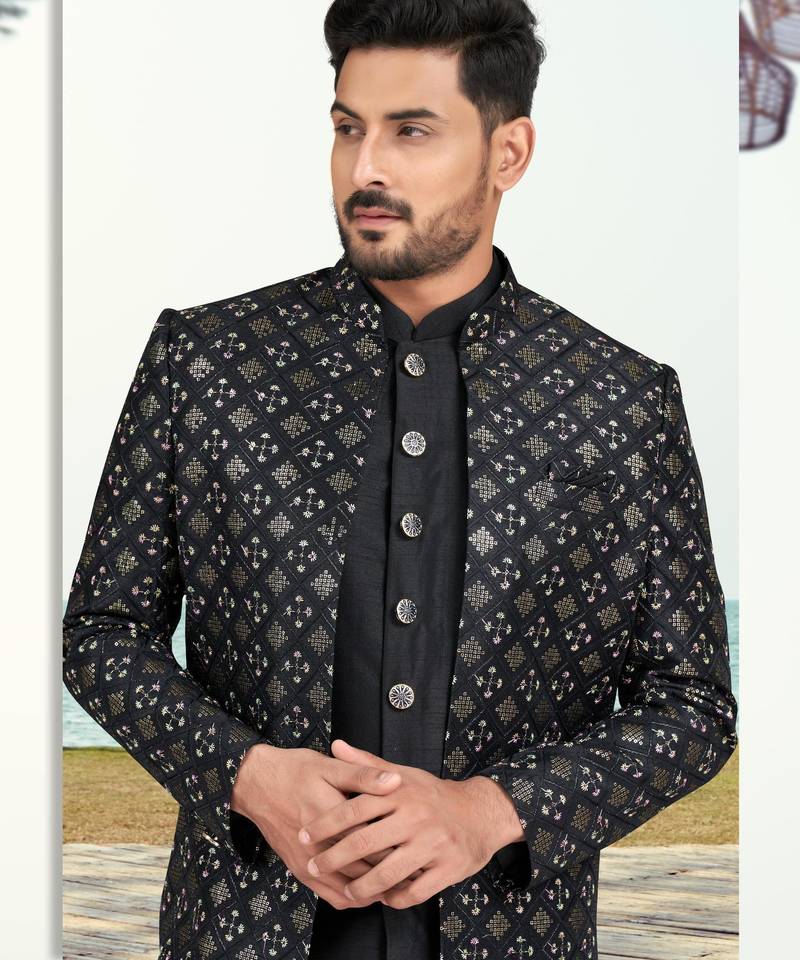 Black colour full computer amrodery two pice sherwani set with thred  work with fancy botton