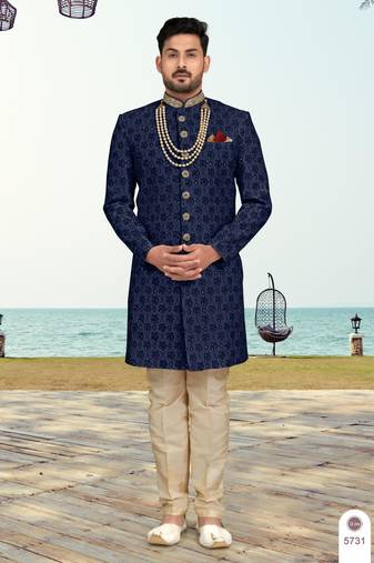 Nevy blue colour  full computer amrodery sherwani set with thred, stone & hand work with fancy botton