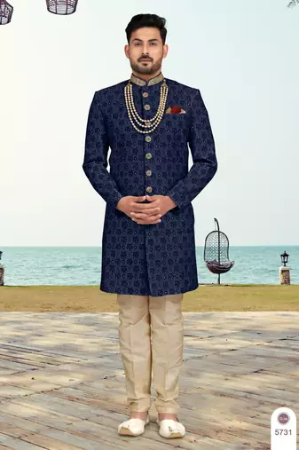 Nevy blue colour  full computer amrodery sherwani set with thred, stone & hand work with fancy botton