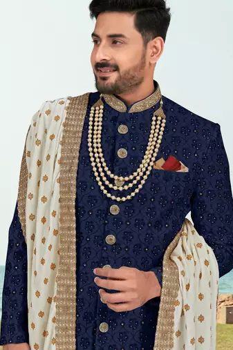 Nevy blue colour  full computer amrodery sherwani set with thred, stone & hand work with fancy botton