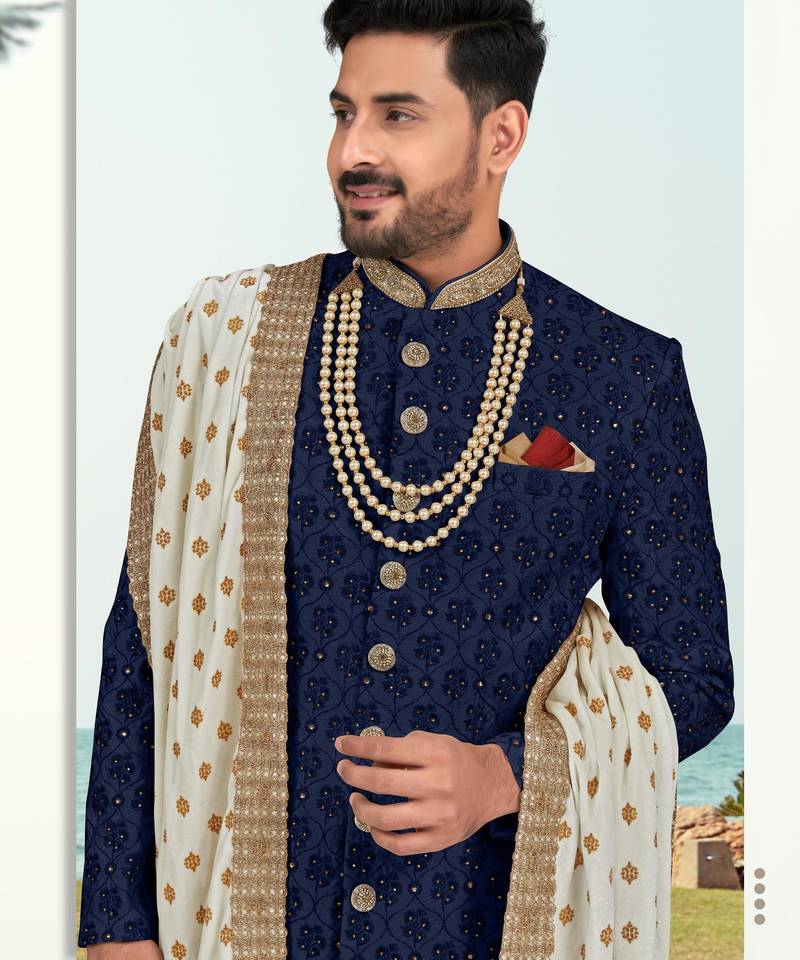 Nevy blue colour  full computer amrodery sherwani set with thred, stone & hand work with fancy botton