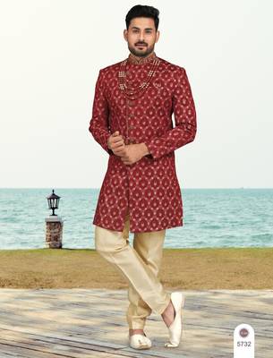Maroon colour full computer amrodery sherwani set with thred, stone & hand work with fancy botton 1