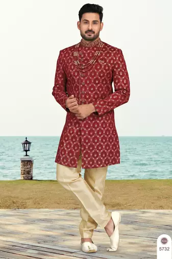 Maroon colour full computer amrodery sherwani set with thred, stone & hand work with fancy botton