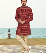 Maroon colour full computer amrodery sherwani set with thred, stone & hand work with fancy botton