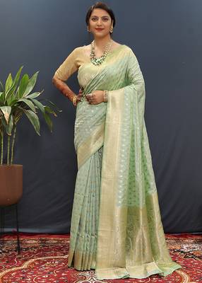 Mint green banarasi silk blend saree with zari buti & rich woven border 1