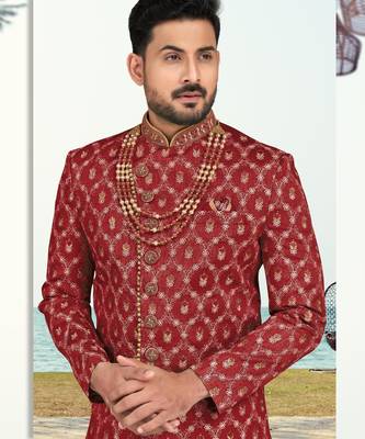 Maroon colour full computer amrodery sherwani set with thred, stone & hand work with fancy botton 2