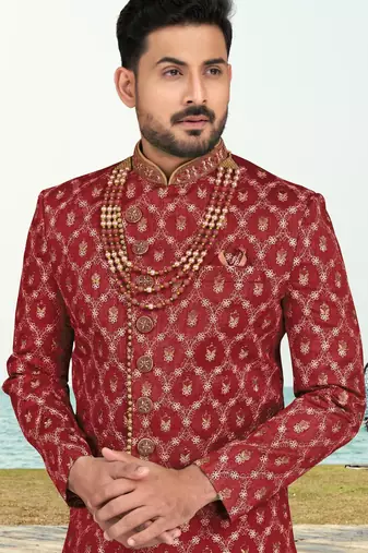 Maroon colour full computer amrodery sherwani set with thred, stone & hand work with fancy botton