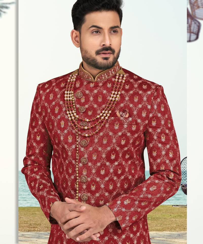 Maroon colour full computer amrodery sherwani set with thred, stone & hand work with fancy botton